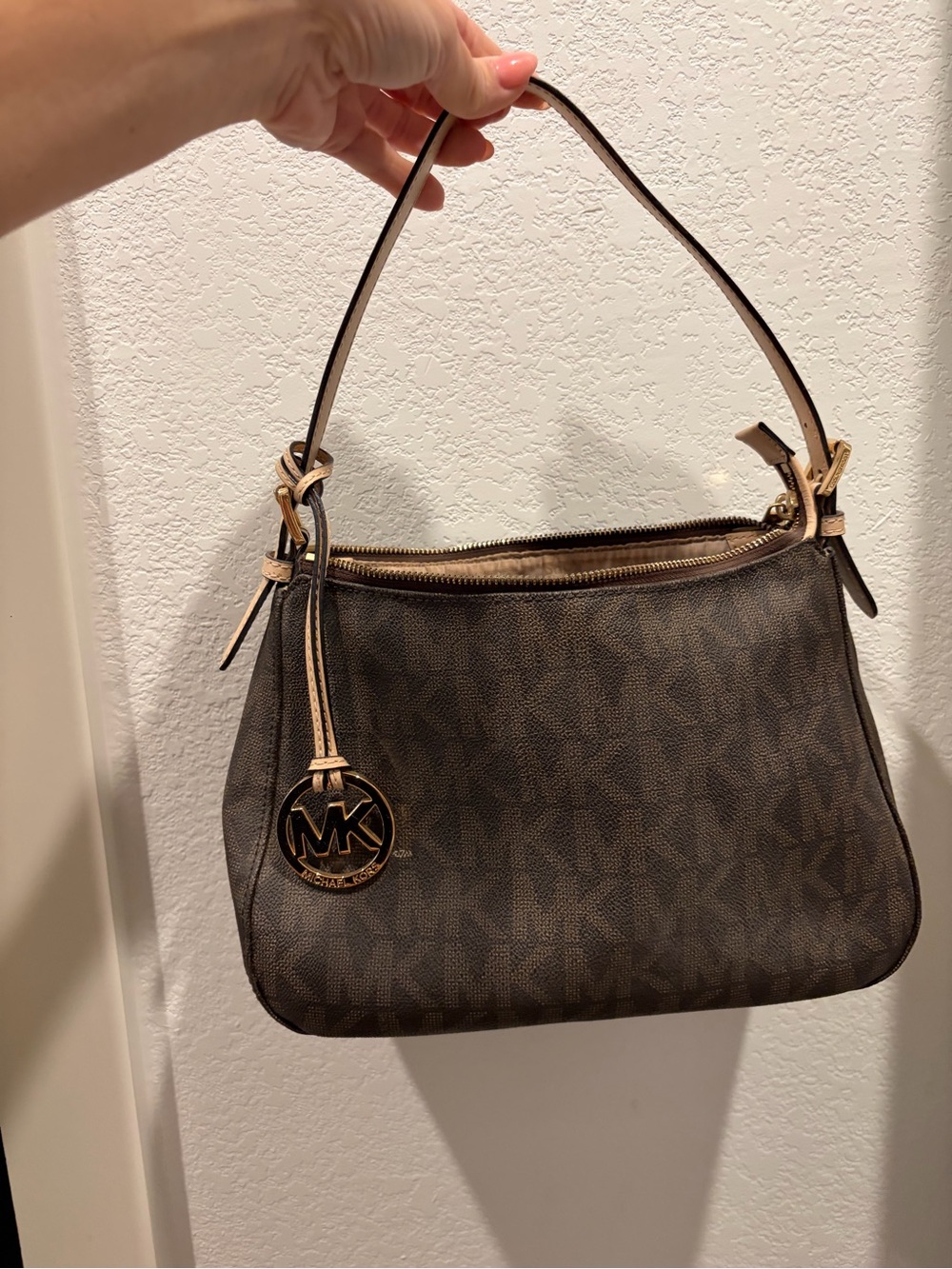 Michael Kors Dark Brown Monogram Shoulder Bag with Gold Charm